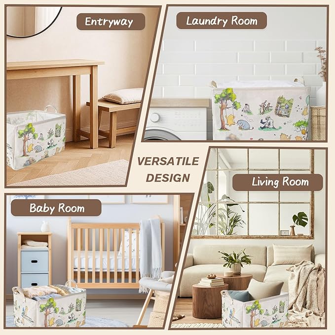 Winnie Laundry Storage Basket, Pooh Storage Basket, Foldable Canvas Laundry Hamper with Waterproof PE Coating Diaper Clothes Toys Storage, Storage Baskets for Nursery, Bear Baby Shower Gifts