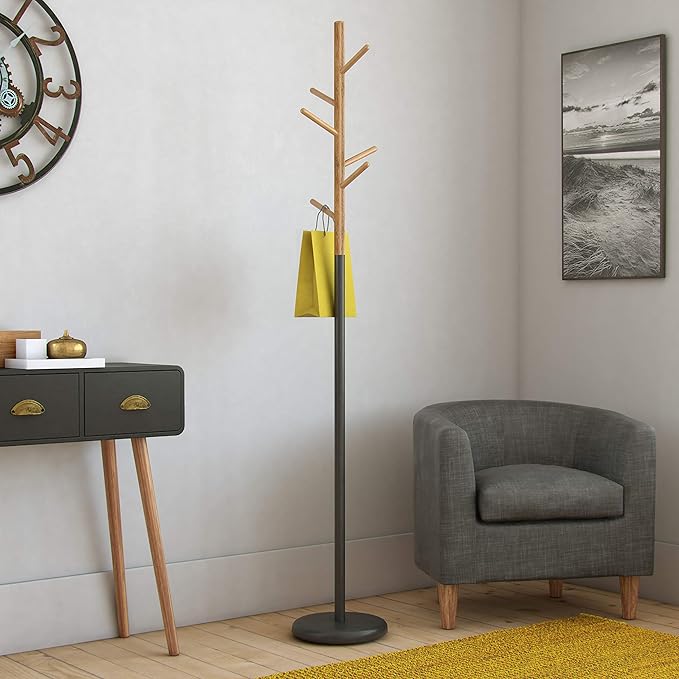 Versa Malmö Floorstanding Coat Rack ideal for hallway or entryway, with 6 Clothes or Bag Hooks or Hangers for the Hallway, Measurements (H x L x W) 171 x 28 x 28 cm, Metal and Wood, Colour Black
