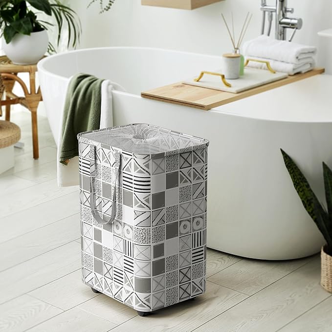 Simple Houseware Large 82L Laundry Basket with Wheels, Collapsible Waterproof Hamper with Handles and Mesh Cover, Geometric Gray