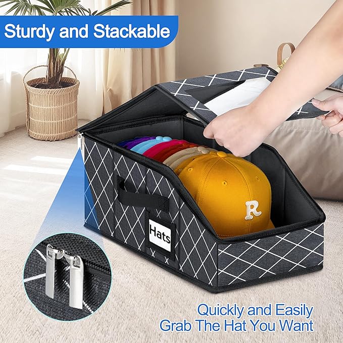 Dofilachy 2 Pack Stackable Hat Storage for Baseball Caps, Holds 28 Caps - Closet Organizer Box with Clear Window & Cardboard，Sturdy Snapback Hat Boxes for Home Storage (lozenge, 2)