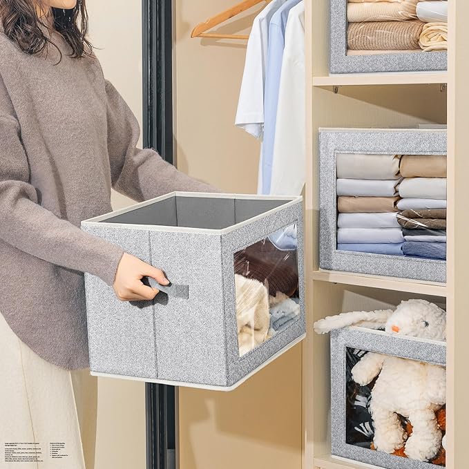 Stackable Storage Bins with Lids - Large Decorative Basket with Lids, Fabric Foldable Closet Organizer Bins, Shelf Organizer for Living Room, Dorm, 5 Pack, Blended