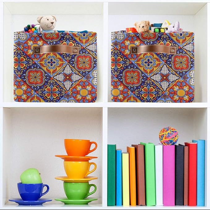 Foldable Storage Baskets Set of 2, Mexican Ceramic Tile Pattern Storage Bins with Handles, Decorative Cloth Organizer Storage Boxes for Home|Office 15 x 11 x 9.5 in