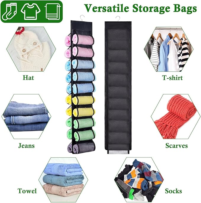 2 Pack Legging Storage Organizer, Hanging Legging Storage Hanger with 20 Roll Compartments, Foldable Clothes Roll Holder for Yoga T-Shirts Pants Jeans Towels
