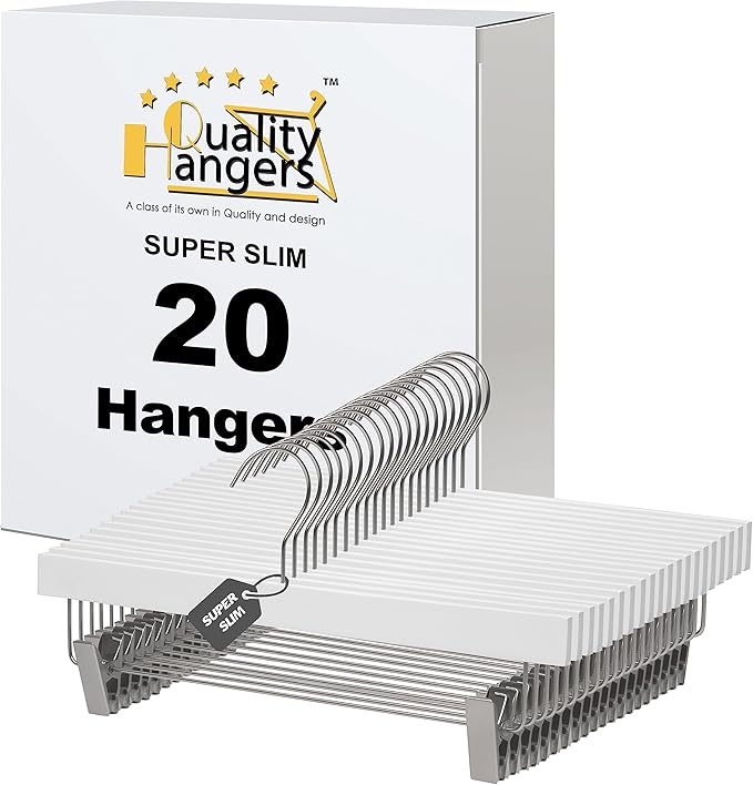 Quality Hangers Luxury Ultra Thin Space Saving Wooden Clothes Hanger - Skirt Hangers with Squared Pant Bar Best for Shirts Blouses Dress - White Hangers - 20 Pack