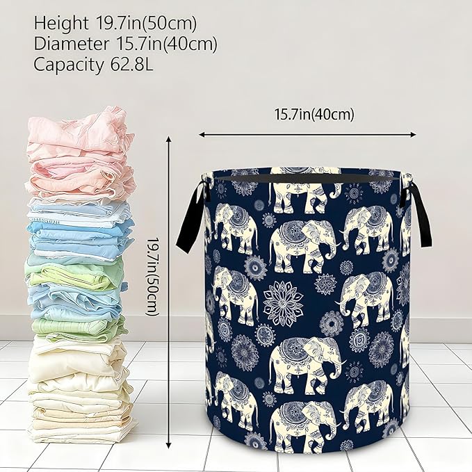Retro Elephant Mandala Laundry Basket,Boho Dirty Clothes Hamper,Ethnic Animal Storage Bin Gifts,Foldable Waterproof Oxford Cloth Baskets for Bathroom,Bedroom,Home Decoration(19.7" x 15.8")
