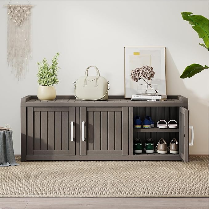KAMABOKO Shoe Storage Cabinet Waterproof UV-Resistant, Entryway Storage Bench Indoor Outdoor with 3 Barn Doors, Adjustable Shelves for Entryway, Bedroom, Hallway,Living Room(Grey)