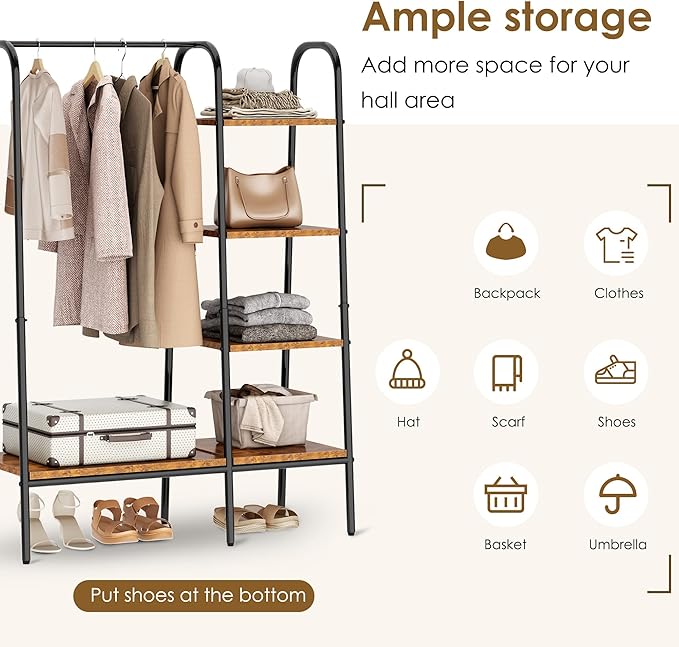 SogesHome Free Standing Clothing Rack, Standing Coat Rack Garment Racks with 3-Tier Storage Shelves for Bedroom, Entryway, Vintage Brown