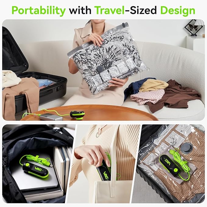 Travel Vacuum Storage Bags with USB and TYPE C Pump, 9 Pack Carry-On Size Compression Packing Bags for Luggage and Suitcase, Space Saver for Clothes and Clothing Travel（Green）