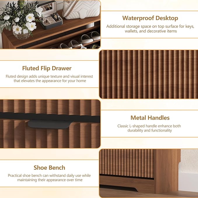 Shoe Cabinet Storage for Entryway with 4 Flip Drawers, Walnut Fluted Shoe Cabinet with Adjustable Shelves, Wooden Hidden Shoe Rack Freestanding Narrow Slim Shoes Storage for Hallway, Entrance