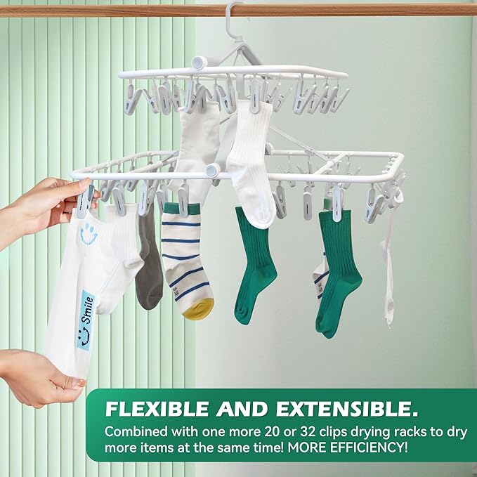Plastic PP Drying Hanger, Anti-Rusty Drying Rack for Clothes, Socks, Lingeries, Delicates, Drying Hanger with 32 Clips for Baby Clothes, Towels