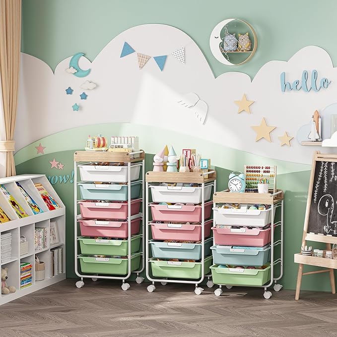 APEXCHASER Plastic Drawer Organizers with Wheels, 4-Tier Rolling Storage Cart with Wooden Top, Plastic Drawer Unit for Kids’ Toys, Office Supplies, Nursery Essentials, and Laundry Storage,Colorful