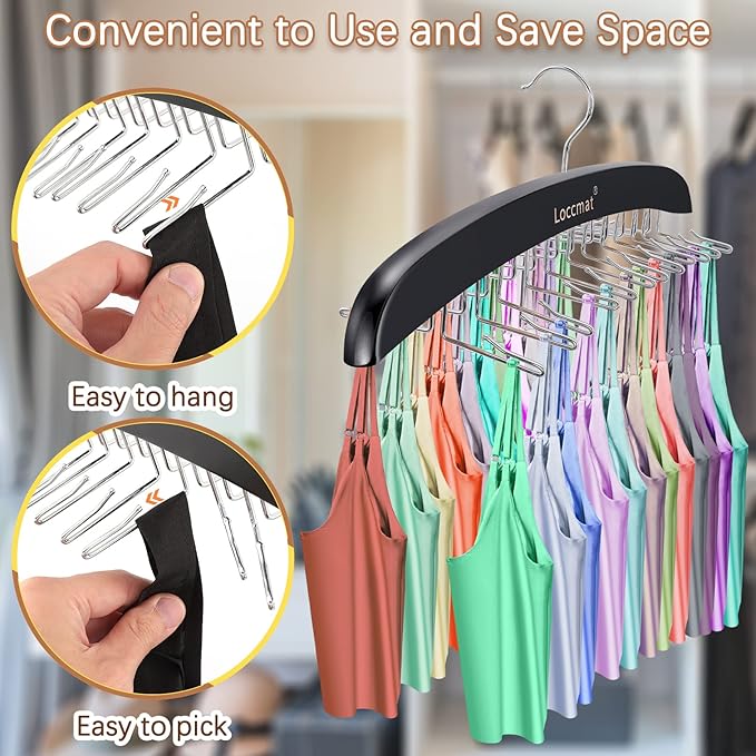 2Pcs Tank Top Hanger,Wood Bra Hanger with 24 Foldable Metal Hooks,360° Rotating Tank Hook,Tie Racks for Men Closet,Space Saving Closet Organizer for Tank Top Bra Tie Belt Scarf Camisole,Coffee