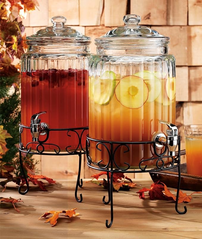 MosJos 2 PACK 1.5 Gallon Drink dispenser, Glass Beverage Dispenser With Elegant Stand Stand, Drink Dispensers for Parties With Spigot 100% Leakproof. Perfect For Parties And Daily Use