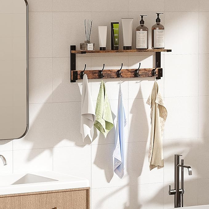 Coat Rack Wall Mount with Hooks and Shelf for Coat, Backpack, Key, Clothes Hanger, Wall Floating Shelf for Entryway, Living Room, Bathroom, Bedroom, Kitchen