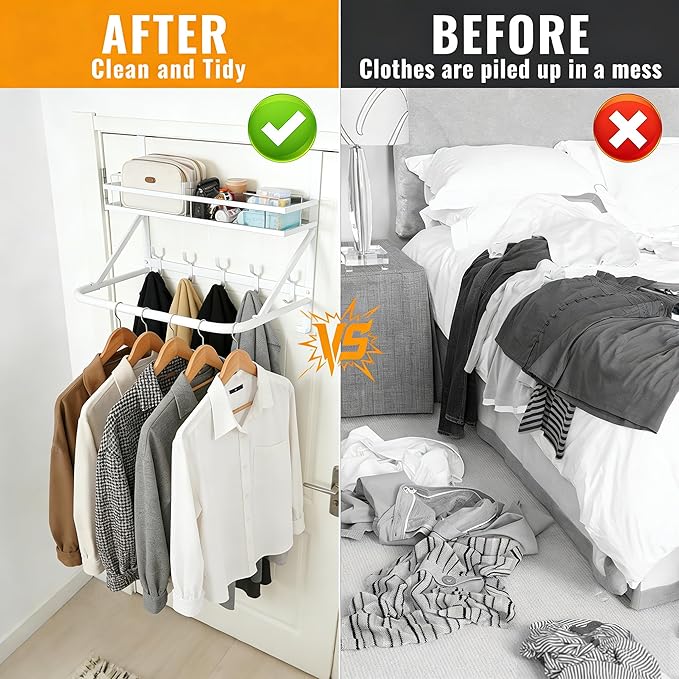 Over The Door Clothes Hanger, Metal Over The Door Hangers for Clothes with 7 Hooks1 Storage Basket For Clothing Hanger Drying Racks for Laundry, Bedroom, Washroom wait（white）