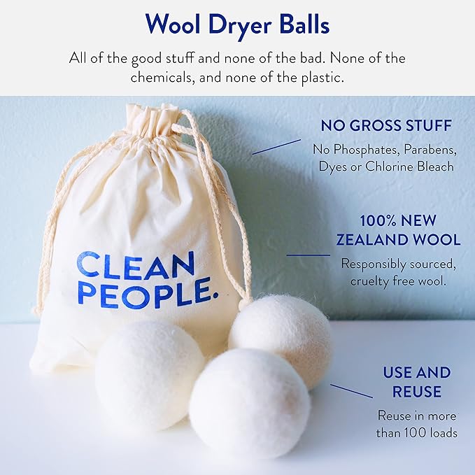 The Clean People 100% New Zealand Wool Dryer Balls - 3 Pack - for Laundry, Fabric Softening, Anti Static, No Lint, Odorless and Reusable