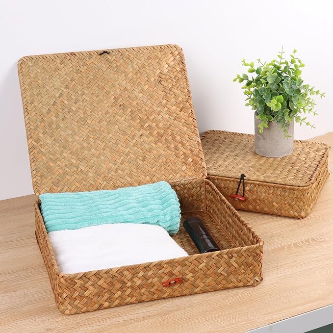 Flat Wicker Shelf Baskets with Lid, Seagrass Woven Basket Boxes for Storage Basket Bins Multipurpose Home Decor Organizer (Natural Set of 2)