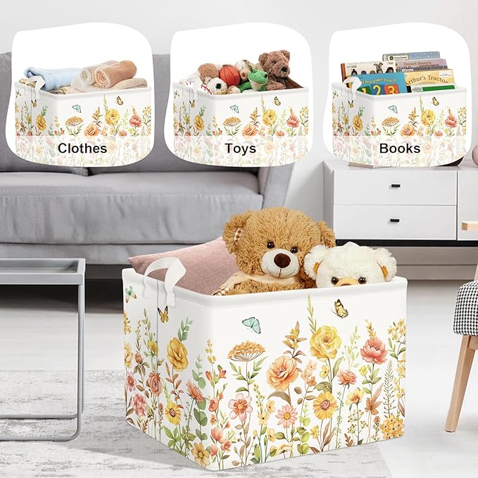 Colourful Flowers Laundry Hamper Large Storage Basket Floral Collapsible Adult Organizer Kids Toy Clothes Bins for Bedroom, Bathroom, Boho Plants, 36L