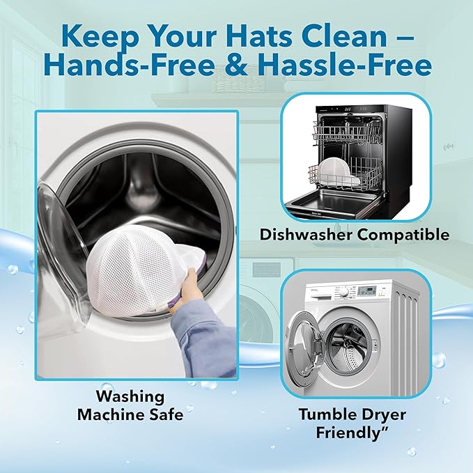 Hat Washer Cage Set – Baseball Cap Washer for Washing Machine or Dishwasher, Protects Flat & Curved Hats, 1 Pack White + Shoe Washing Machine Bag (Grey) & Mesh Laundry Bag