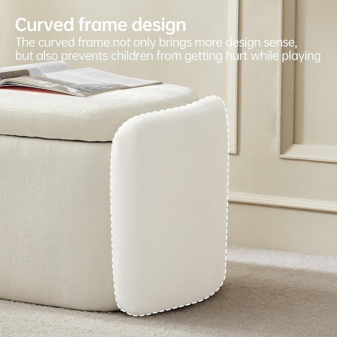 VKNOW Storage Ottoman Bench, 46" Upholstered Oval End of Bed Bench Ottomans Bench Foot Rest, Sherpa Storage Bench for Bedroom, Living Room and Hallway, Beige