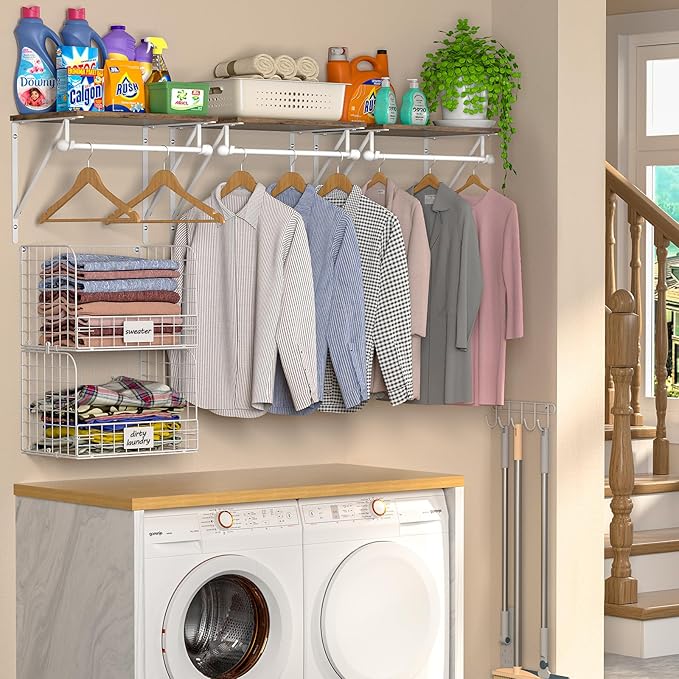 2 Set Laundry Room Wall Mounted Shelves With Wire Storage Baskets, Over Washer and Dryer With Hanging Rods and Hooks, for Organization and Storage, White, Wooden