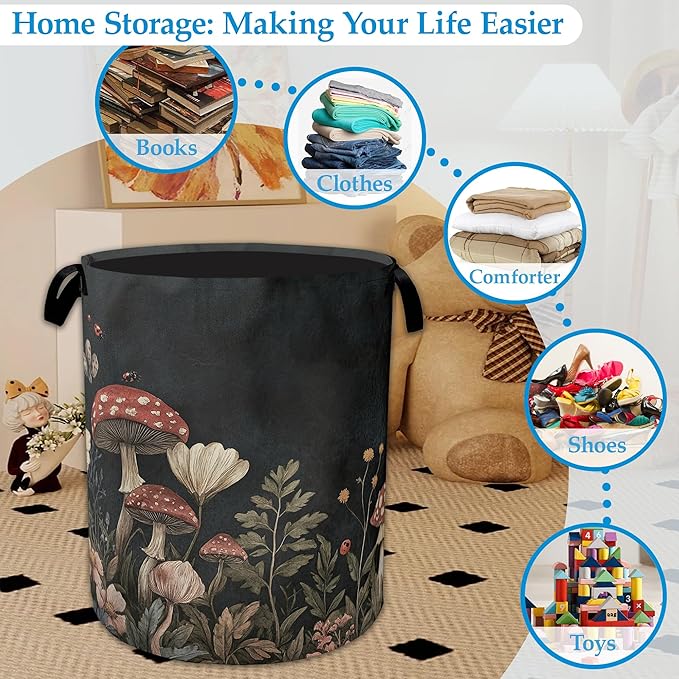Mushrooms Forest Laundry Basket Collapsible Laundry Hamper, Oxford Cloth Storage Bin for Room/Bathroom/Bedroom/Dormitories 16" X 20.8"