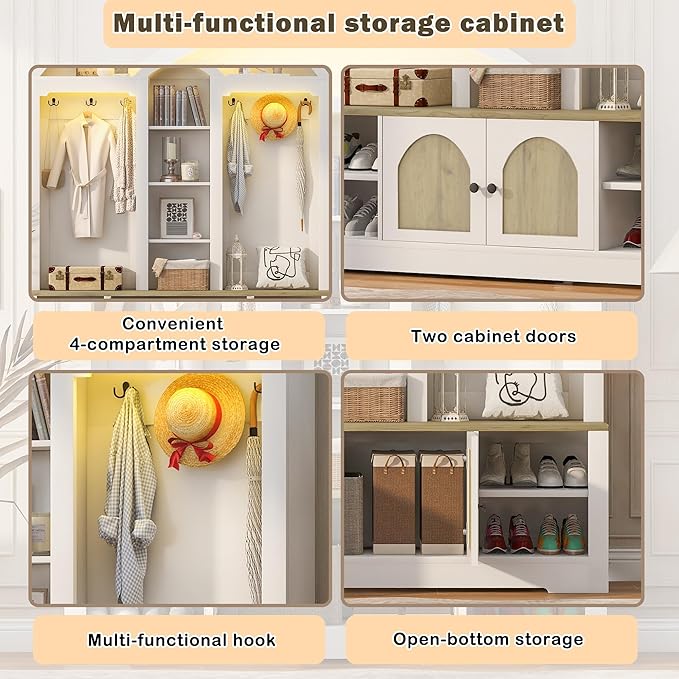77''H Hall Tree with Curved Design, Multi-functional Coat Rack with Shoe Racks, Clothes Hangers, Hooks, Double-Layer Storage Cabinets and Open Storage Space for Hallway, Living Room (White+Walnut)