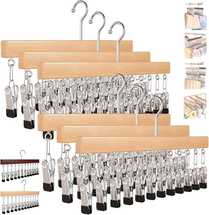 2026 New Closet Organizer with 10 Clips - Space Saving Hanging Closet Organizer, 12 Clips, Closet Organizers and Storage, 360° Rotating, for Jeans, Hats, Shorts, Socks (Nature*6)