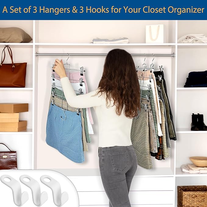 3 Piece Skirt Hanges Space Saving, Pants Hangers with Clips 5 Tier,Closet Organizers and Storager,Clothes Hanger Space Saver,Closet Organization for Skirt,Trousers,Jeans,Legging