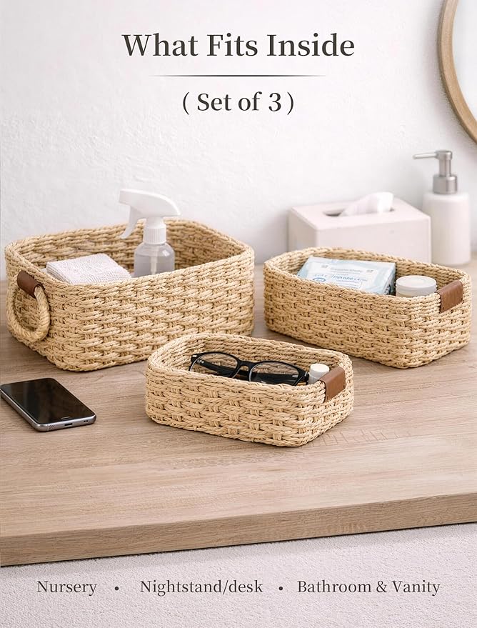 Storage Basket, Recycled Paper Rope Bathroom Basket Organizer, 3Pcs Small Baskets for Organizing, Mini wicker Basket for Decorative Storage Bins, Shelves, Bathroom, Cabinet - Beige