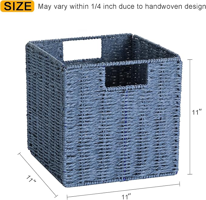 Vagusicc Wicker Storage Basket, Set of 2 Hand-Woven Storage Baskets for Shelves with Handles, Foldable Cube Storage Baskets Bins 11 Inch Large Wicker Baskets for Pantry Decor, Blue(11''x11''x11'')