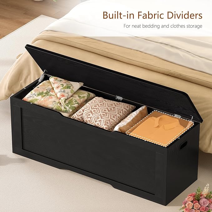usikey 47.2" Large Storage Chest with Fabric Drawer, Toy Box with Safety Hinges, Extra Wide Storage Bench for Bedroom, Living Room, Entryway, Supports 300 lb
