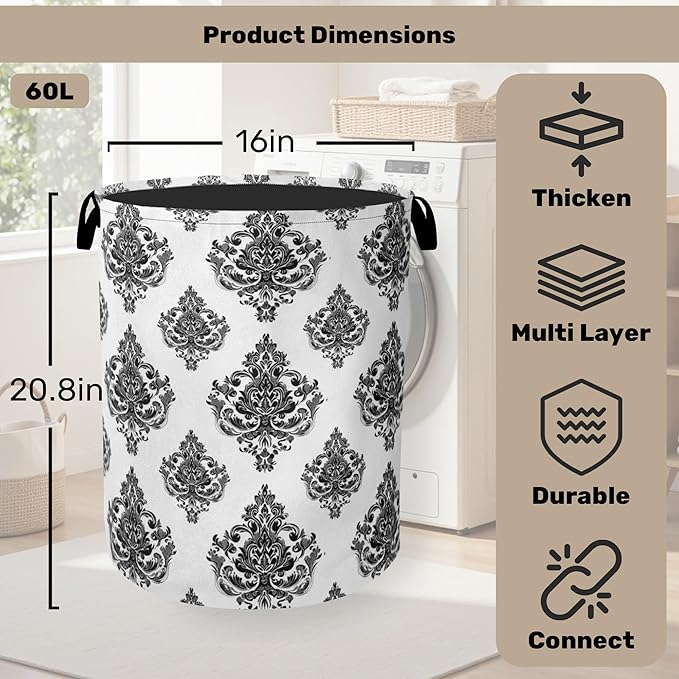 Black White Damask Flower Foldable Laundry Hamper - Waterproof Fabric Storage Basket with Handles, Clothes Hampers for Laundry,Bedroom,Dorm