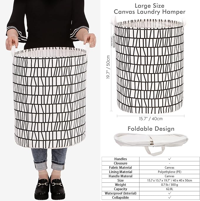 Sea Team 19.7 Inches Large Sized Waterproof Coating Ramie Cotton Fabric Folding Laundry Hamper Bucket Cylindric Burlap Canvas Storage Basket with Stylish Branch Black Design