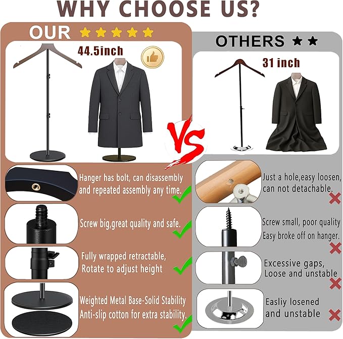 2 Pack T Shirt Stand Display 19-44.5 Inch,Height Adjustable for Long Short Clothes Dress, Boutique Display Mannequin for Store, Closet, Photoshoot, Exhibition, Vendors Shop, Parties (Brown, 44.5inch )