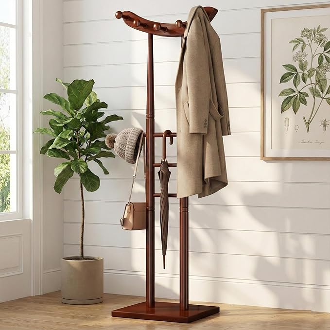 Classic Entryway Coat Rack, 67" Freestanding Wooden Hall Tree Garment Organizer with 12 Hooks, Elegant Ladder Style Hat Stand, Non Toppling Square Base, for Entryway, Bedroom, Office, Brown