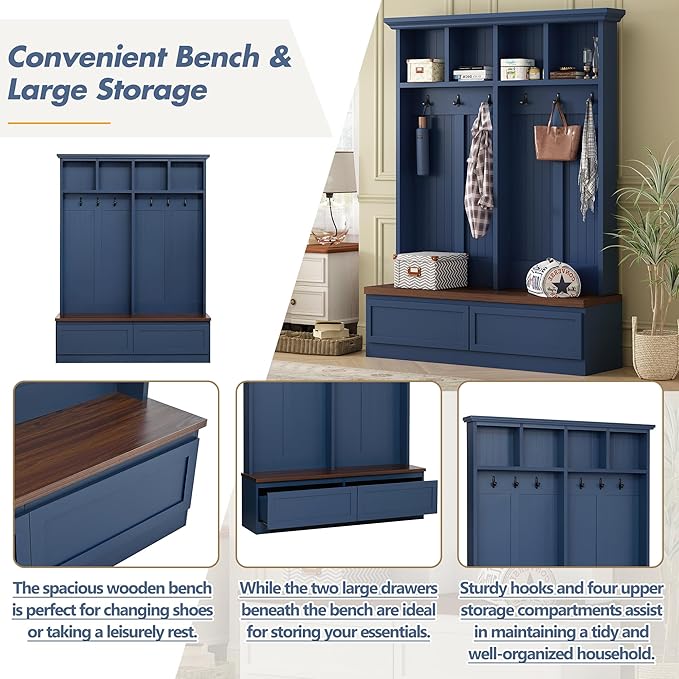 Hall Tree with Storage Bench, Farmhouse 4-in-1 Hall Tree with Wood Grain Bench, 2 Large Drawers, 6 Black Hooks, 4 Storage Compartments, Mudroom Versatile Coat Rack for Hallway, Living Room