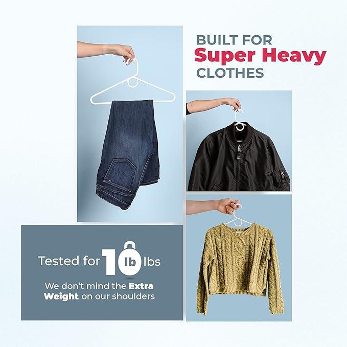 Neaties Super Heavy Duty Clothes Hangers 100+ Pack (162 Count) – Made in the USA - 10lb Capacity, Thick Plastic Hangers for Pants, Coats, Jackets, Jeans and Adult Clothing – White & Blue