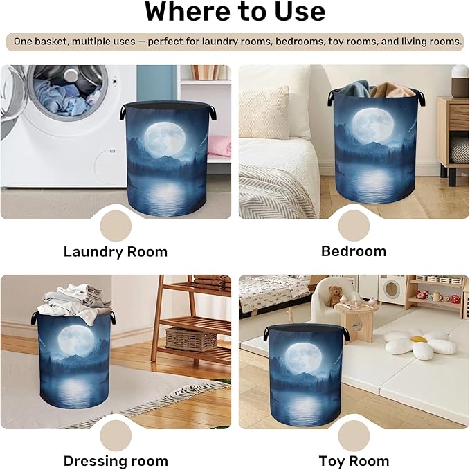 Full Moon Starry Sky Forest Laundry Basket - Heavy Duty 60L Dirty Clothes Organizer, Water Resistant Foldable Hamper for Men Women