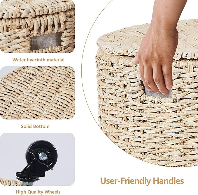 Wimarsbon Vintage Storage Basket, Multipurpose Rolling Hamper With Brakable Wheels and Lid, Braid Laundry Bin, Handwave Clothes Toy Organizer Tote for Living Room