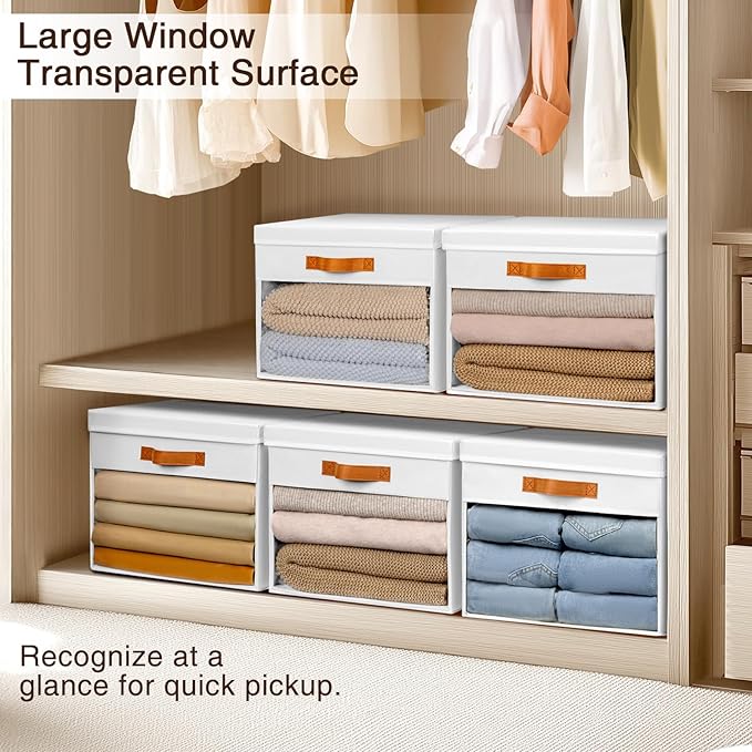 Large Storage Bins with Lids - 3 Pack Foldable Decorative Organizers with Clear Windows & Handles, Cube Storage Organizers for Clothes, Blankets, Sweaters, Sheets, White