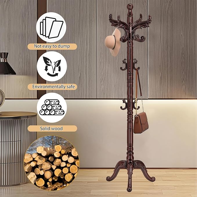 Wooden Coat Rack Stand, Natural Birch Wood Coat Rack Freestanding with Triangular Base, Sturdy Solid Wood Coat Racks with 14 Hooks, Vintage Coat Hall Clothes Tree for Entryway, Office, Corner