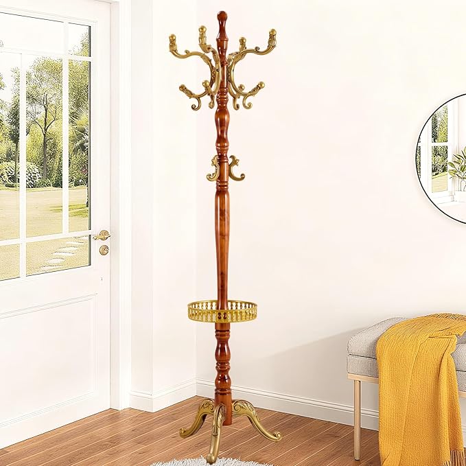 Freestanding Vintage Coat Rack with 11 Hooks, Sturdy Wooden Hall Tree for Entryway, Heavy-Duty Tri-Legged Base for Hats, Jackets, Bags, Easy Assembly for Bedroom, Hallway