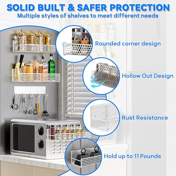 5 Pack Multifunctional Magnetic Shelves for Washing Machine & Refrigerator - Heavy Duty Laundry Room Organization System with Tool Hooks, Metal Storage Baskets (White)