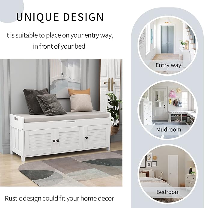 SOFTSEA Storage Bench with 3 Shutter-Shaped Doors Wood Entryway Bench Shoe Bench with Removable Cushion and Hidden Storage