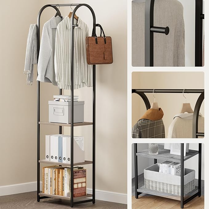 Garment Rack, Coat Rack With 3 Shelves and 4 Hooks, 71" H Clothes Stand For Hanging Clothes, Hanging Rod For for Bedroom, Hallway, Entryway, Office, Living Room, Greige and Black