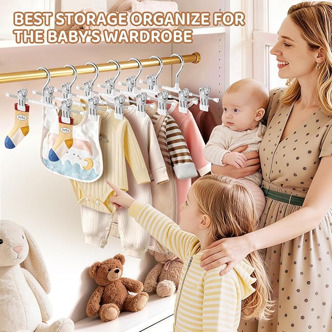 HUADYMEET 30 Pack Baby Pants Skirt Hangers,Non-Slip Space Saving Clothes Hangers with Clips for Kids,Children,Toddler,Jeans Trousers Shorts Metal Hanger for Closet Organization,Women,Men10inch(White)