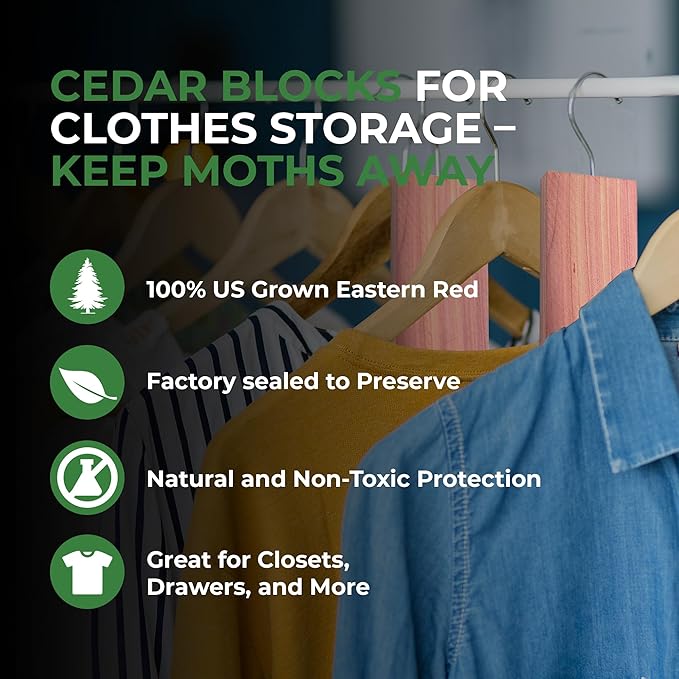 Cedar Blocks for Clothes Storage – Stop Clothes Damage - 10 Fresh Cedar Planks and Hangers to Protect Your Clothes