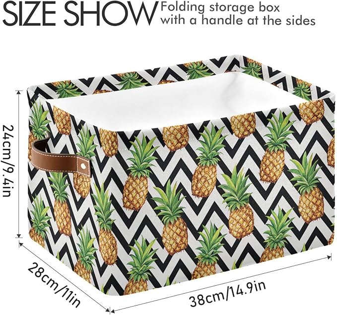 Pineapple Pattern Storage Basket Bin, Large Cube Storage Box Canvas Collapsible Storage Organizer for Home Office Closet - 15 L x 11 W x 9.5 H