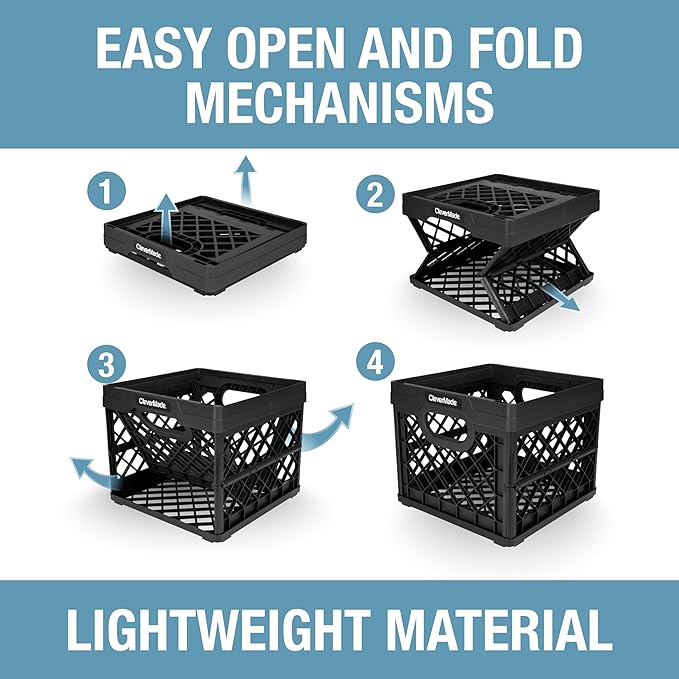 CleverMade Collapsible Milk Crate 25L (6.6 Gal) 3 Pack, 50 lb Heavy Duty Folding Crate – Stackable Storage Crates with File Rails, Plastic Collapsible Crates for Storage - Obsidian